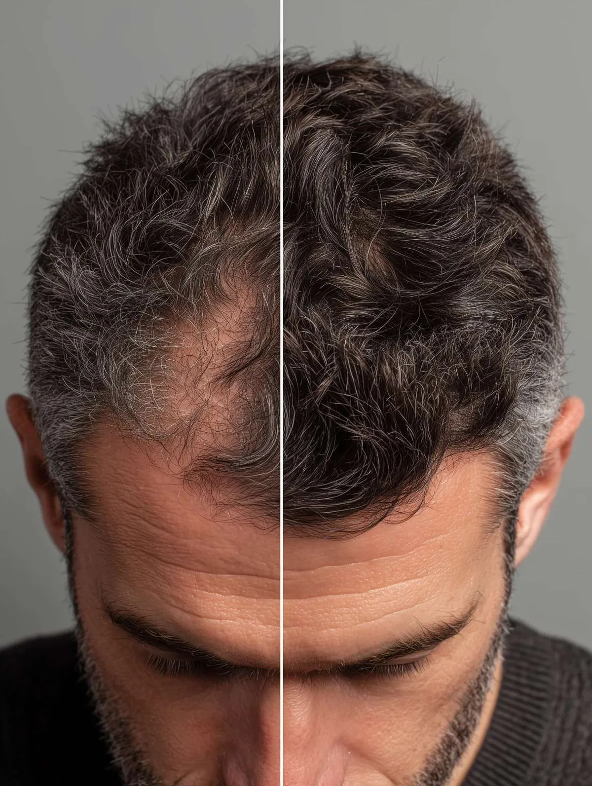 Homme aux cheveux poivre et sel souriant, illustrant le succès d'une greffe de cheveux blancs.