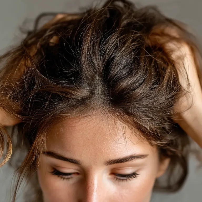 Personne stressée tenant ses cheveux, avant de commencer une cure de mésothérapie pour la perte de cheveux liée au stress.